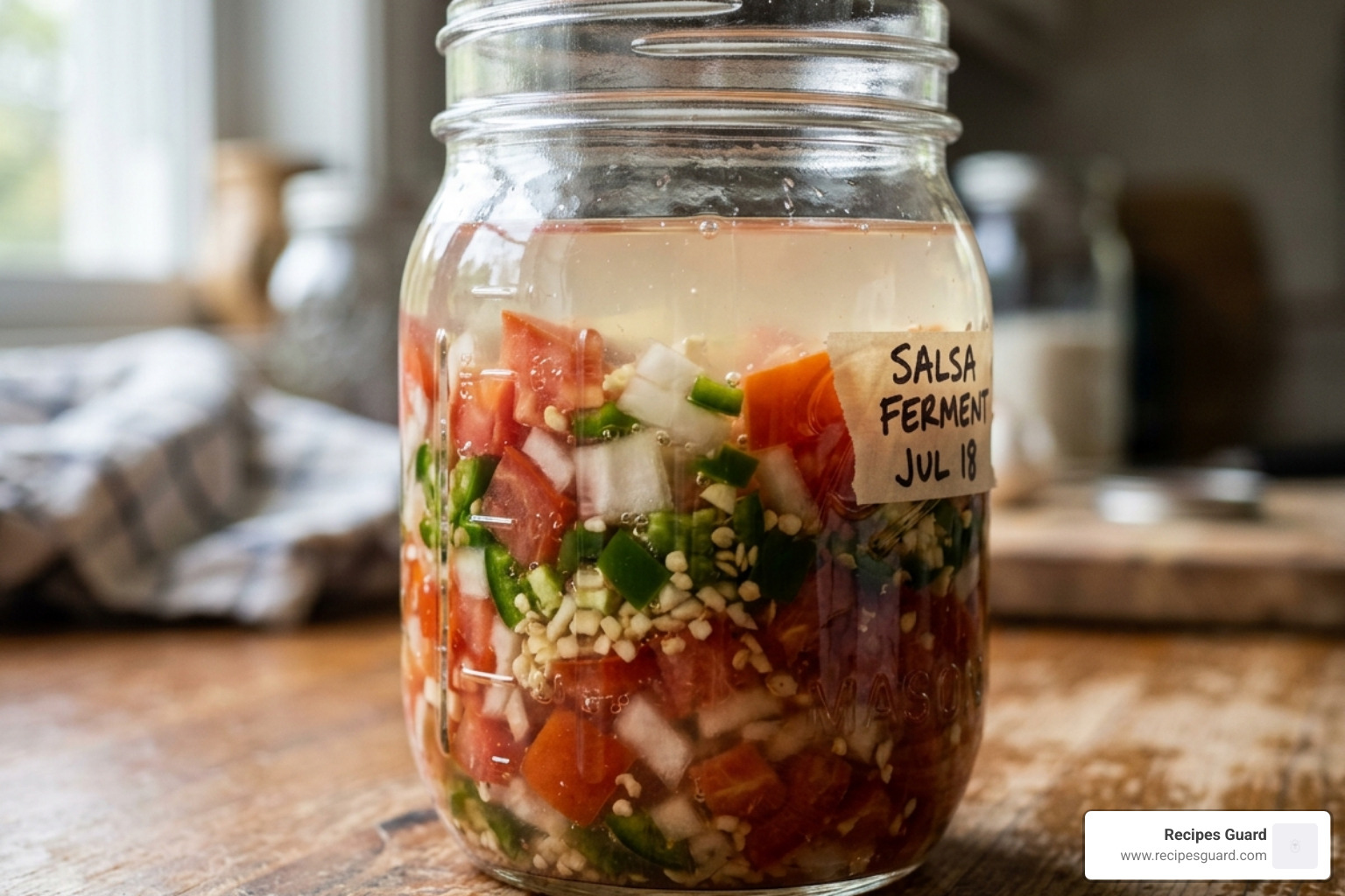 vegetables submerged under brine in a glass jar - fermented salsa weight recommendations