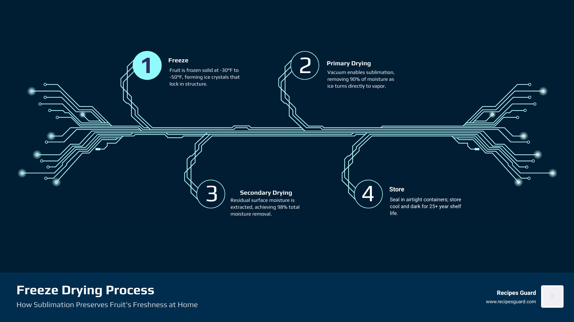 Infographic showing sublimation process steps from fresh fruit to freeze-dried with moisture percentages - freeze drying