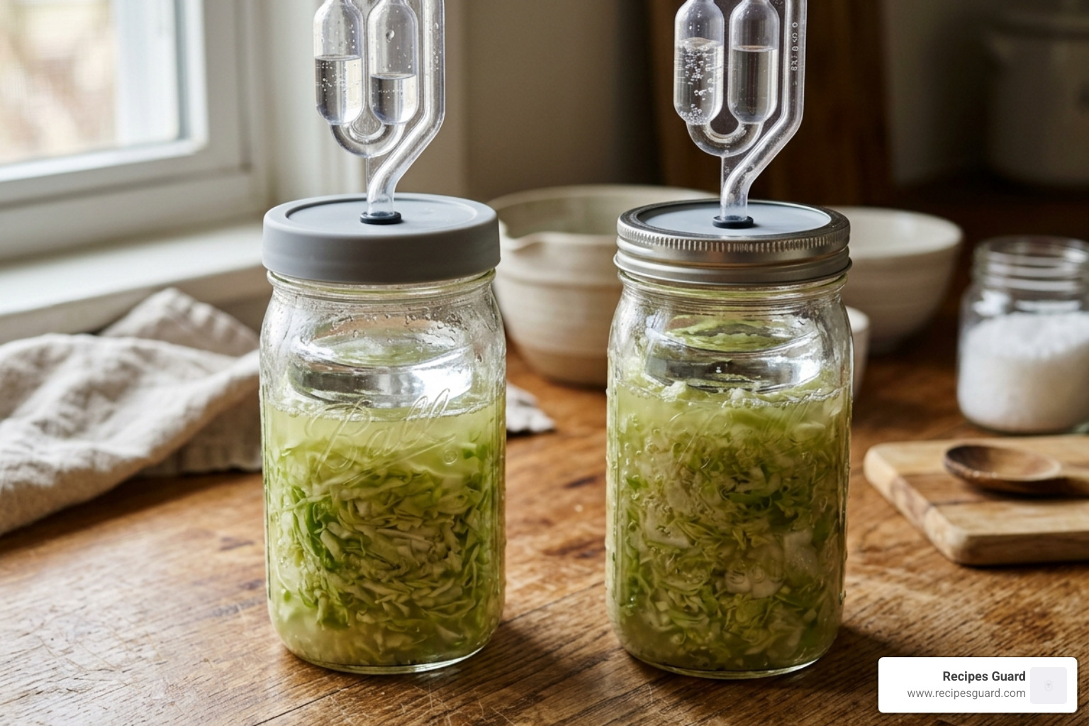 Fermentation weights and air-lock lids on glass mason jars - caraway sauerkraut recipe