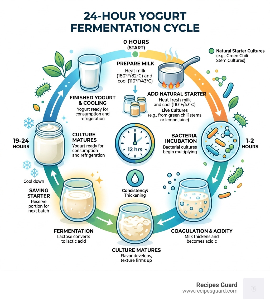 Infographic showing the 24-hour yogurt fermentation cycle from milk to finished yogurt - natural yogurt starter infographic 