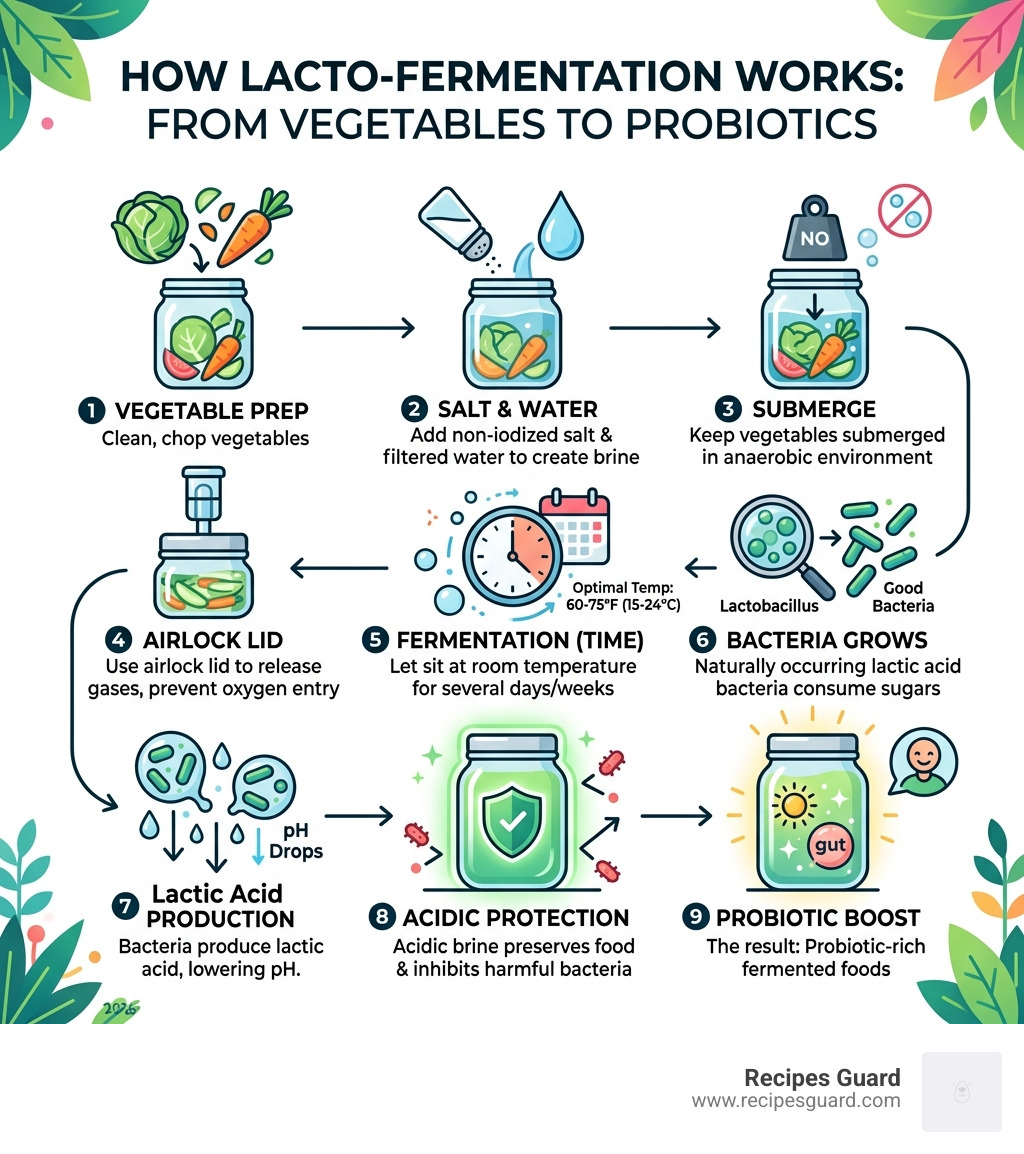How lacto-fermentation works step by step from vegetables to probiotics - best home fermentation kit infographic 