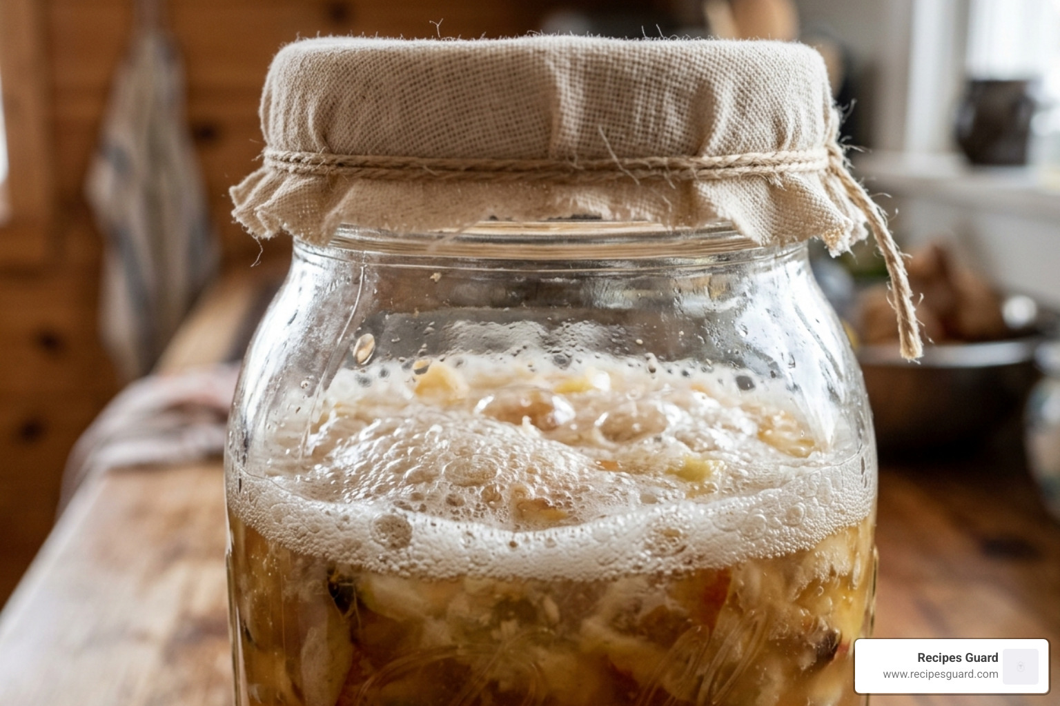 bubbling apple scrap vinegar ferment with cloth cover - apple scrap vinegar recipe