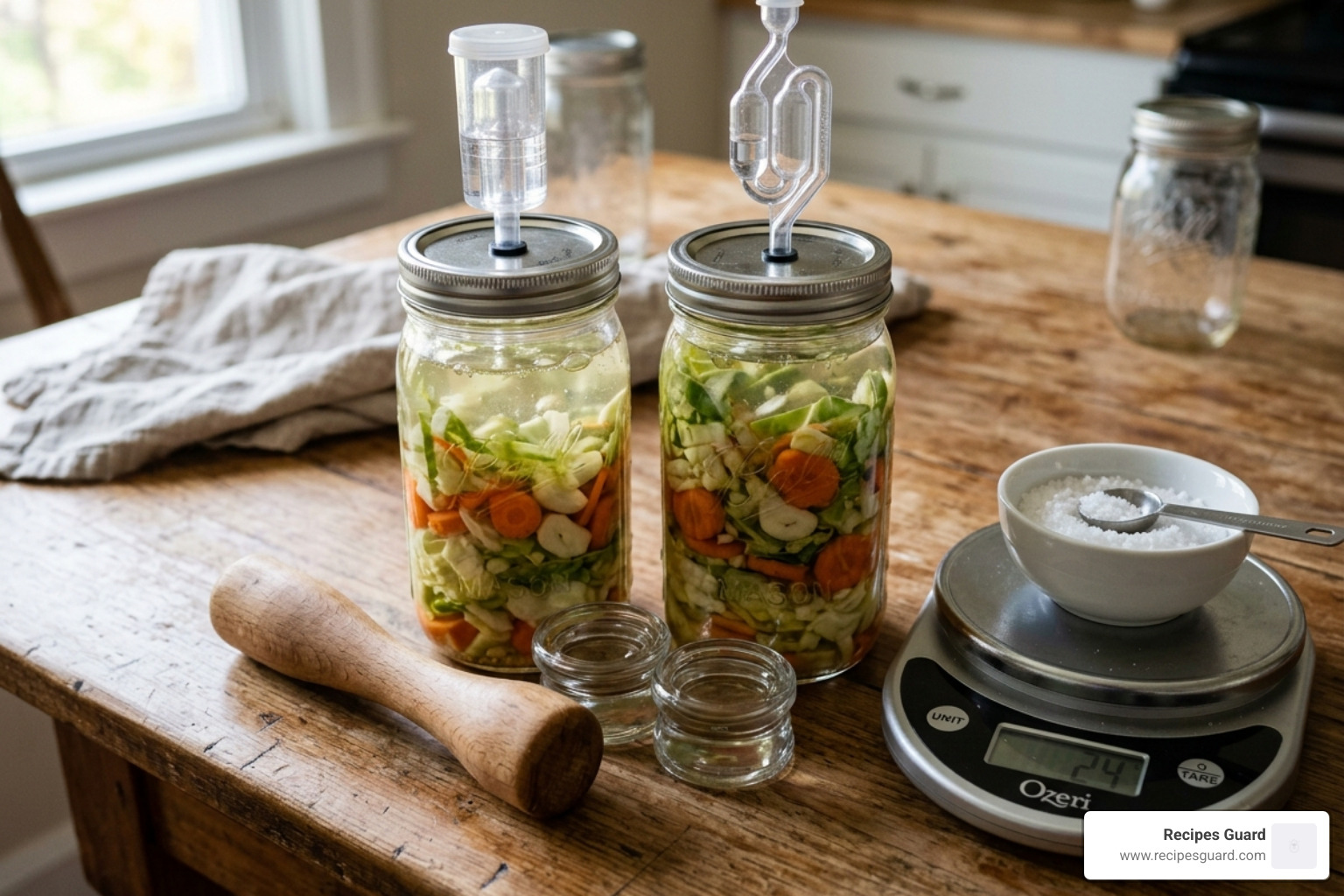 Essential tools for home fermentation including glass jars, airlocks, and digital scale - best home fermentation kit