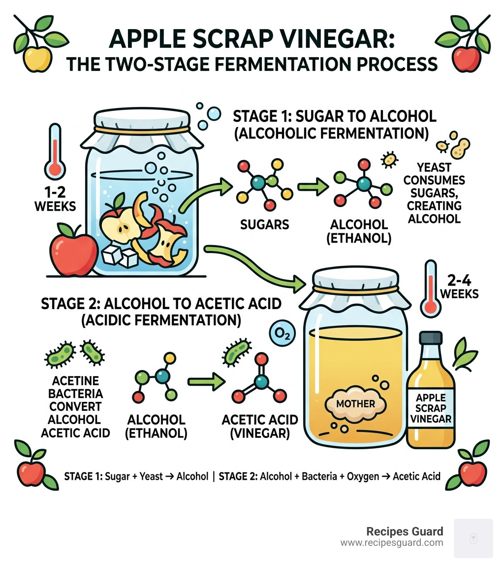 Two-stage apple scrap vinegar fermentation process: sugar to alcohol to acetic acid (vinegar) - apple scrap vinegar recipe