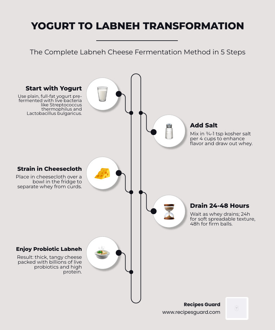 Infographic showing yogurt transforming into labneh: fermentation, salting, straining, and final texture stages - labneh