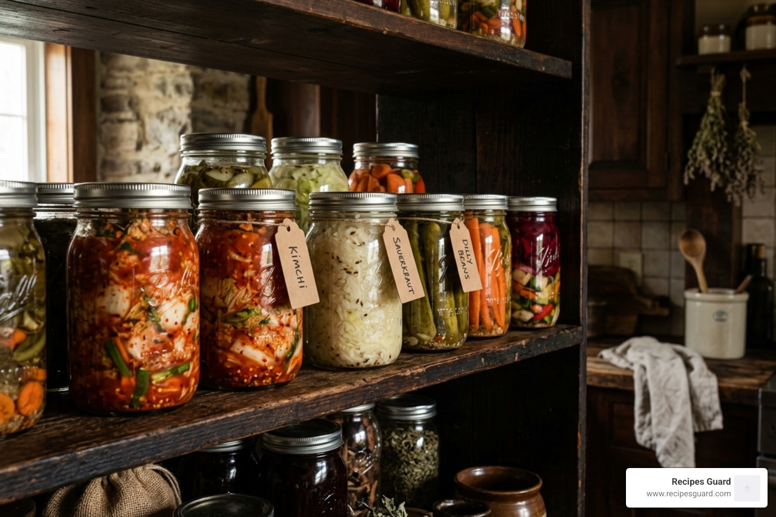 a dark, cool pantry shelf with jars of fermented vegetables - Store fermented vegetables