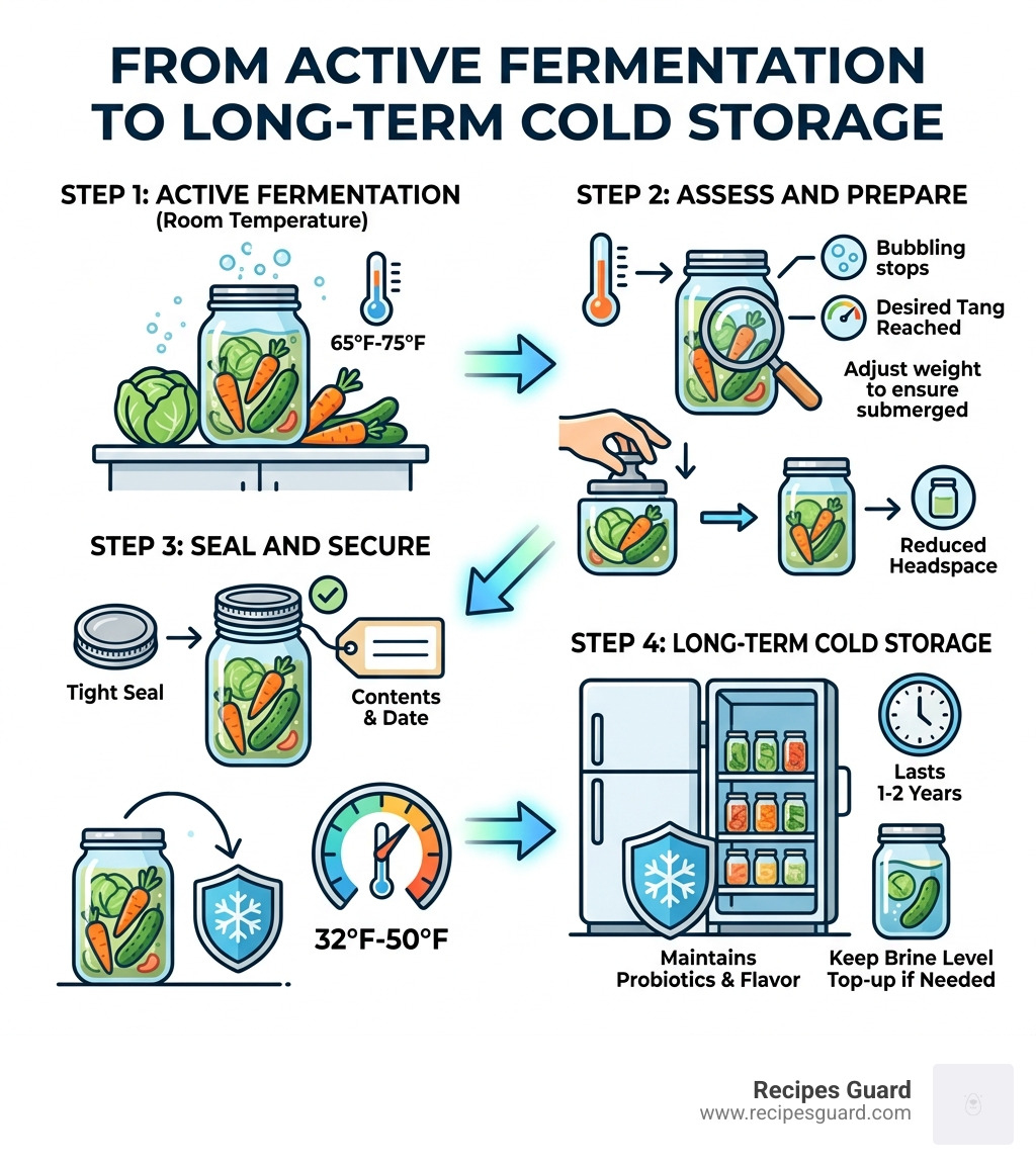 Infographic showing steps from active fermentation to long-term cold storage of fermented vegetables - Store fermented