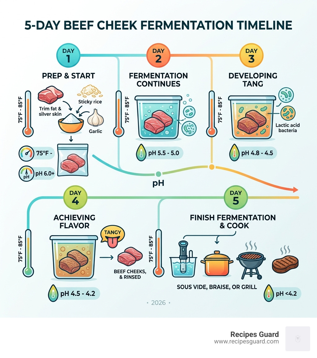 5-day beef cheek fermentation timeline from prep to finish with temperature and pH markers - beef cheek fermentation