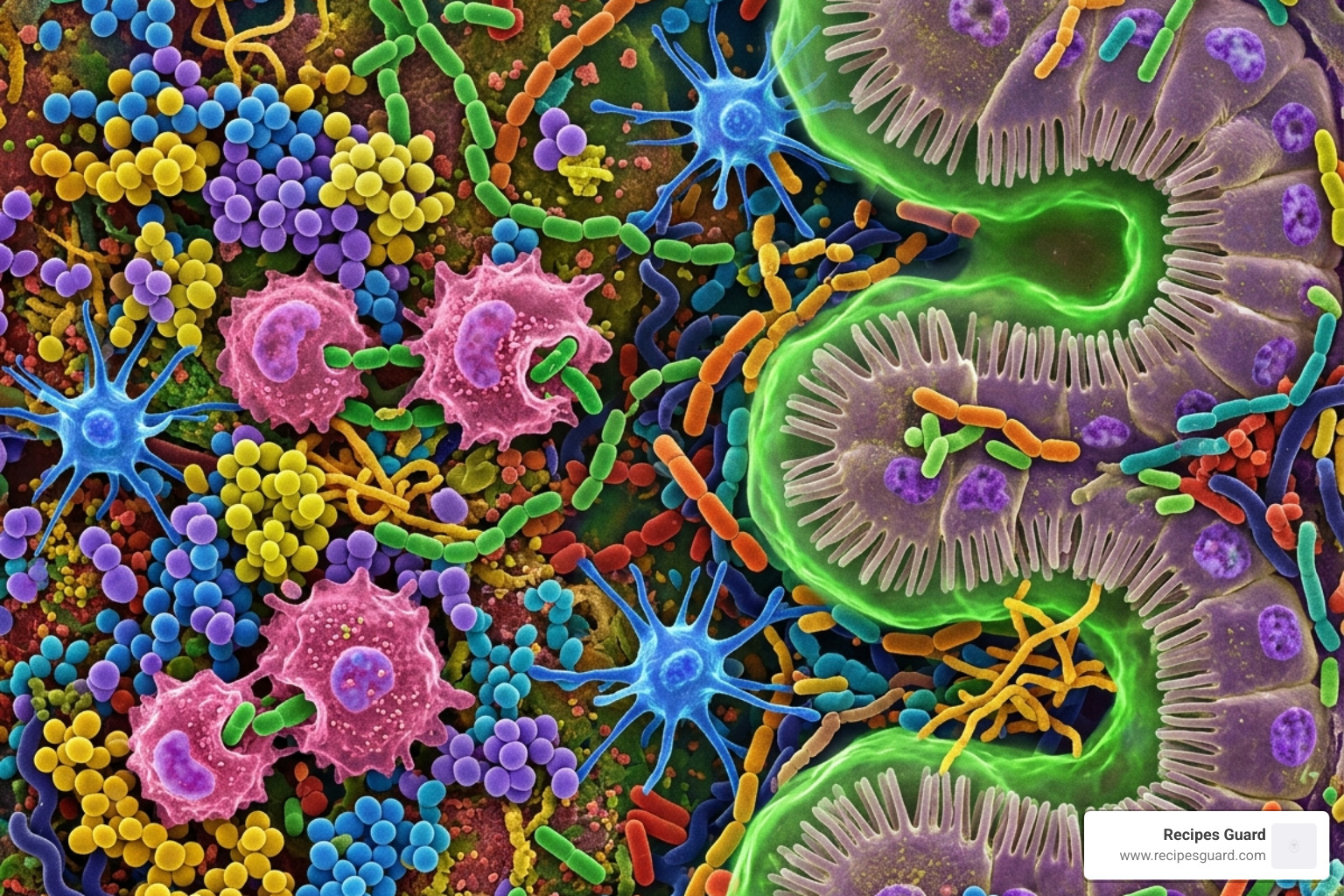 Healthy gut microbiome showing diverse bacteria and immune cells - fermented vegetables benefits