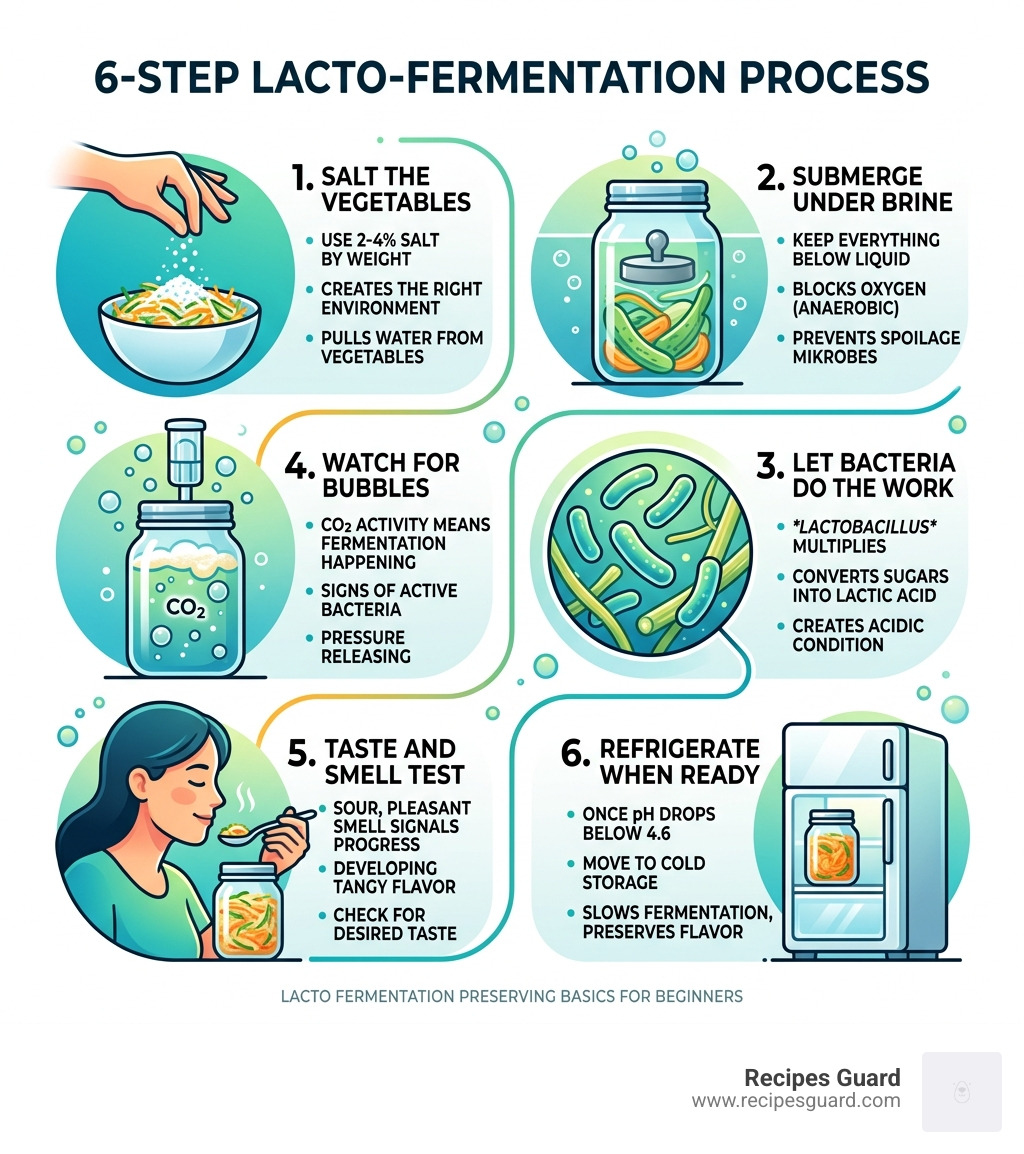 6-step lacto-fermentation process from salting to cold storage with key facts - lacto fermentation preserving basics