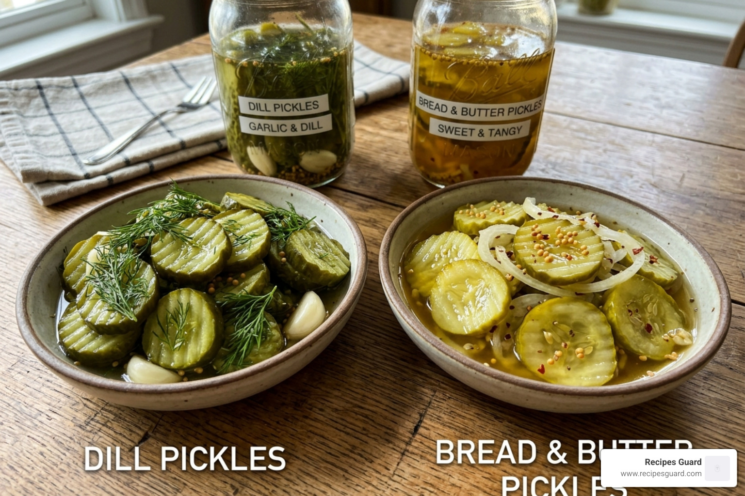Comparing dill pickles and bread and butter pickles side by side - bread and butter pickle recipe