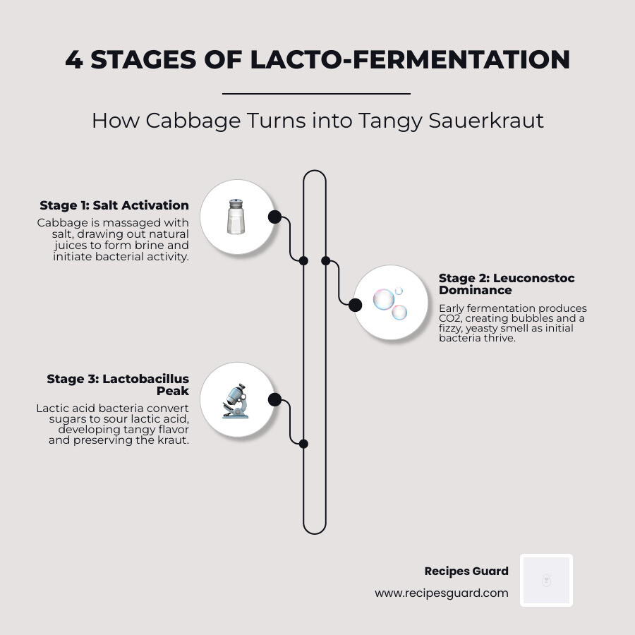4 stages of lacto-fermentation in caraway sauerkraut infographic - caraway seed sauerkraut recipe infographic