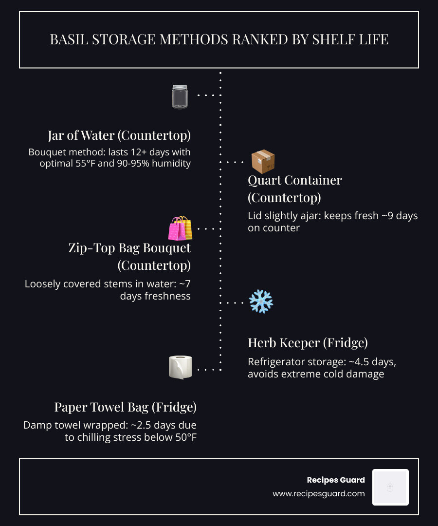 Fresh basil storage methods comparison infographic with shelf life and ratings - how do i store fresh picked basil