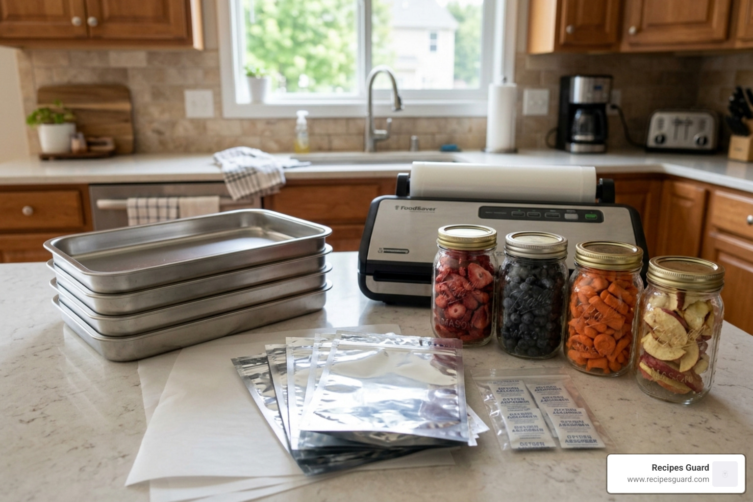 Essential freeze-drying tools including trays, Mylar bags, and oxygen absorbers - freeze drying fruit at home