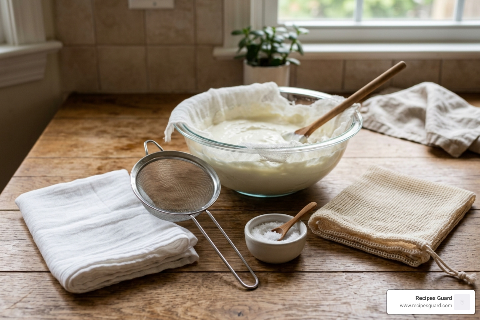 essential labneh making tools including cheesecloth, strainer, and glass bowl - labneh cheese fermentation method