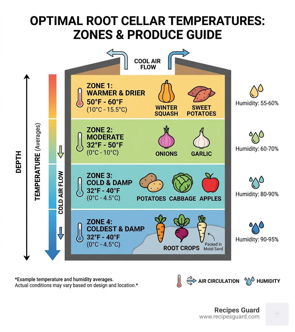 infographic showing ideal root cellar temperature zones by depth and produce type - root cellar temperature infographic 