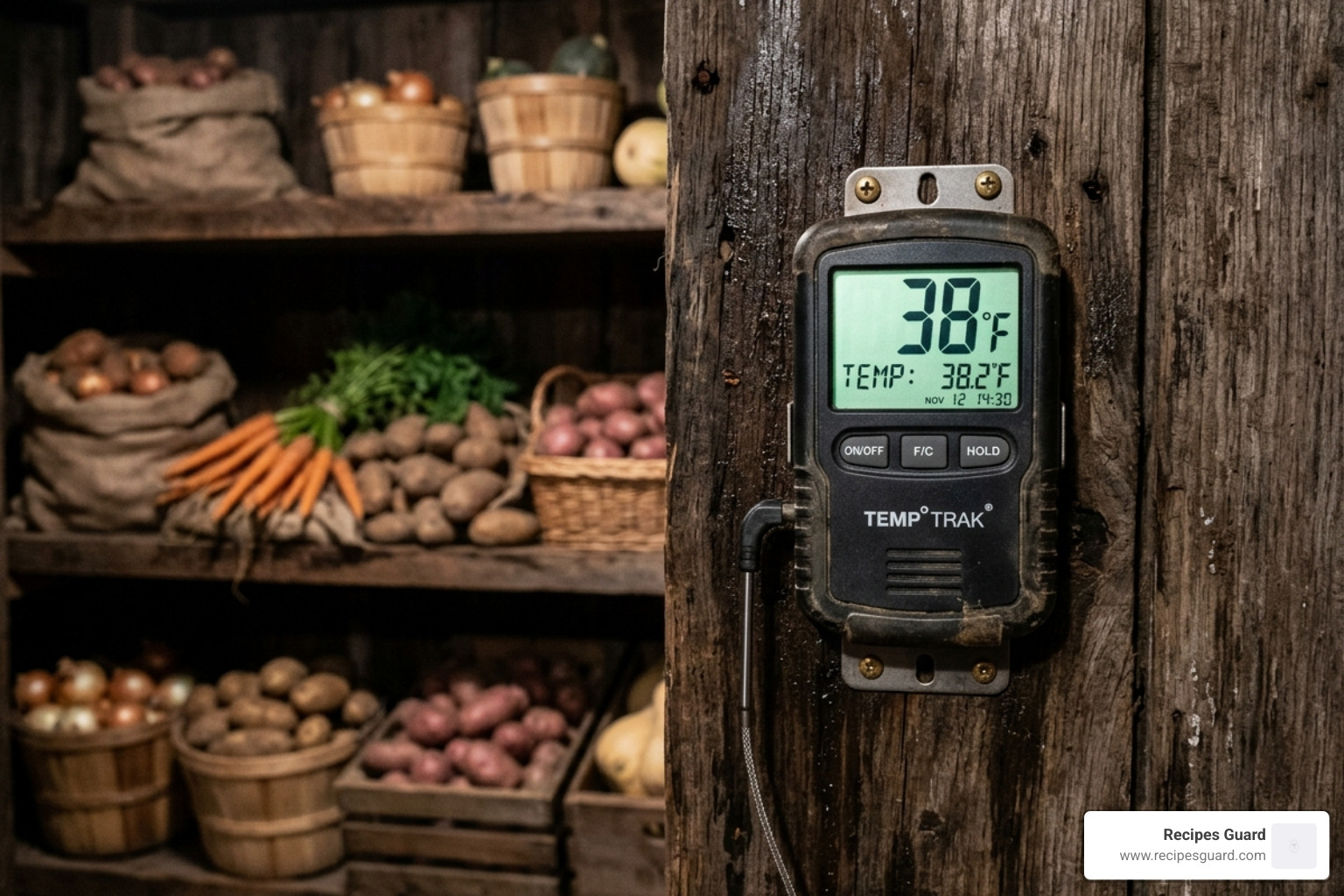 digital thermometer inside a root cellar showing 38 degrees Fahrenheit - root cellar temperature