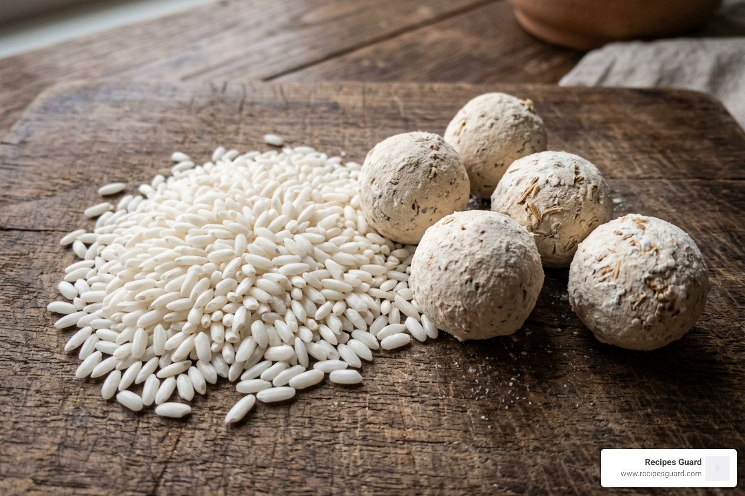 glutinous rice and Chinese wine yeast balls on a wooden board - simple home rice wine