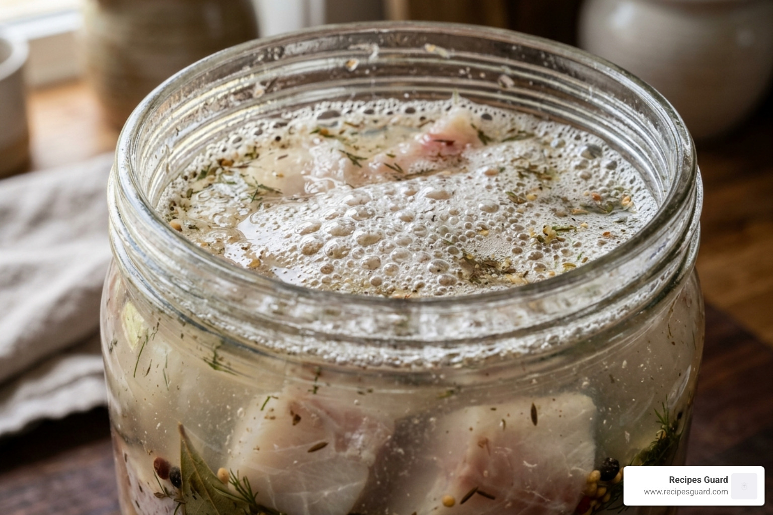 Lacto-fermentation bubbles in a glass jar of fish - fermented fish recipes