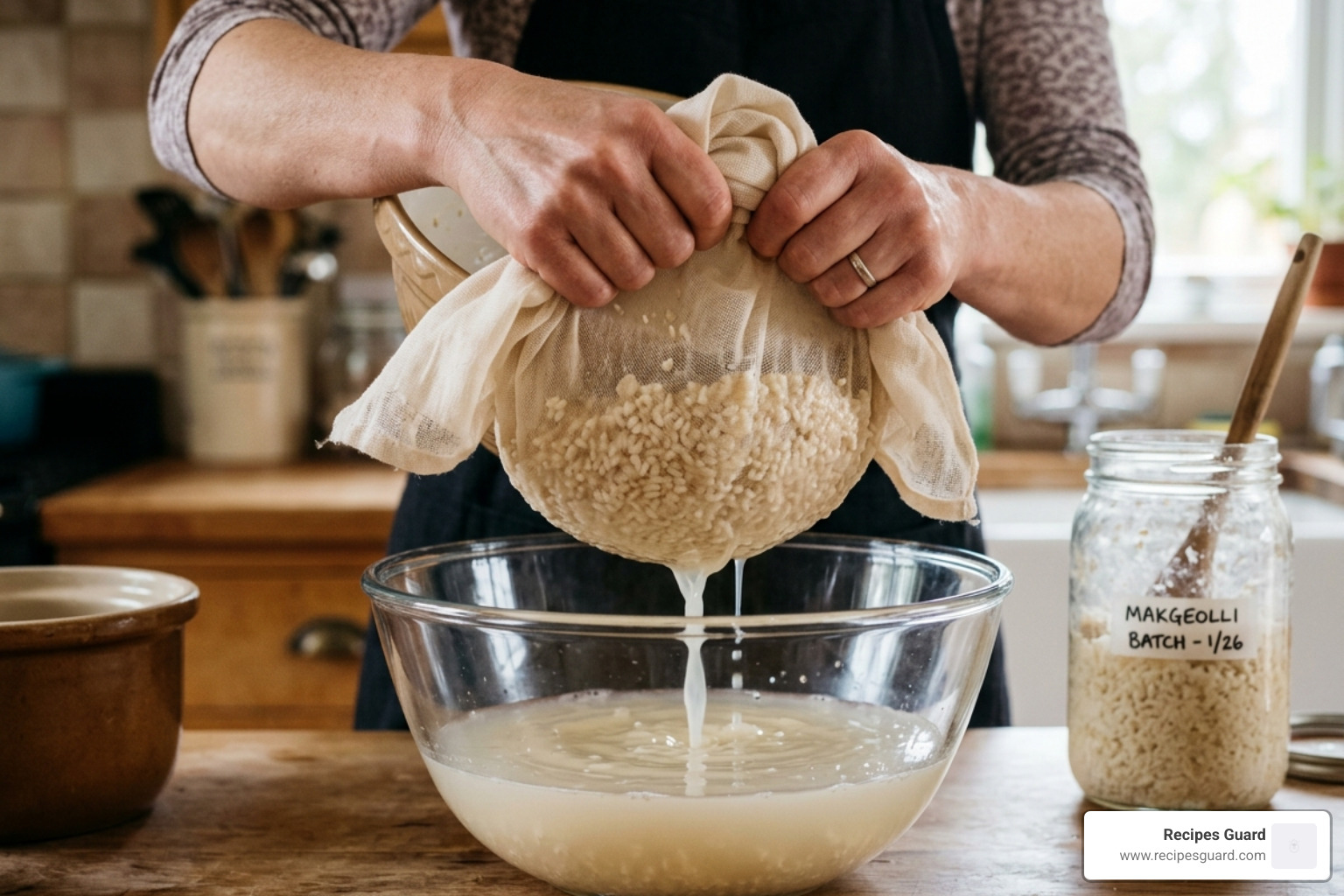straining fermented rice wine through a fine muslin cloth into a glass bowl - simple home rice wine
