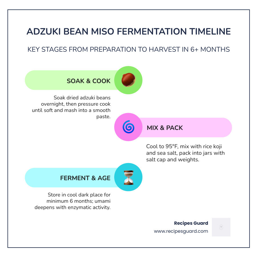 Adzuki bean miso fermentation timeline from soaking to harvest - adzuki bean miso recipe infographic