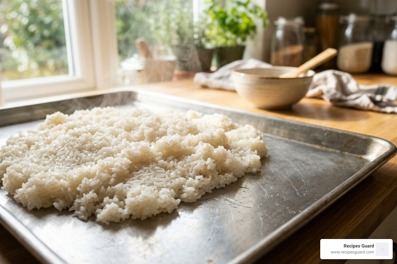steamed glutinous rice cooling on a flat stainless steel tray - simple home rice wine