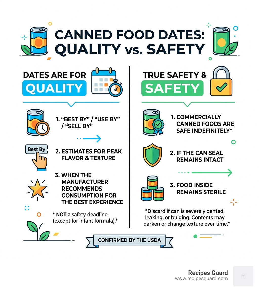 Infographic comparing Best By, Use By, Sell By dates vs actual safety for canned foods - canned food shelf life chart