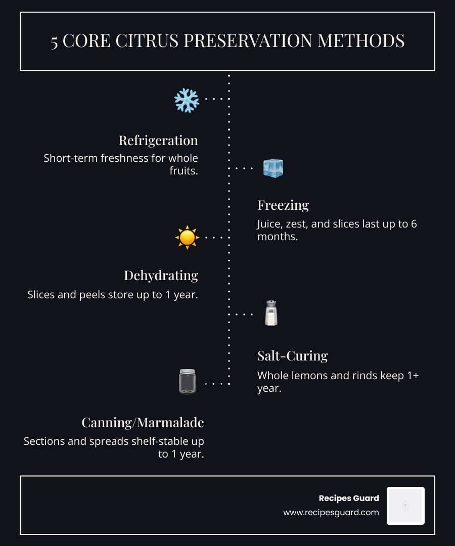 5 core citrus preservation methods with shelf life and best uses - how to preserve citrus fruits infographic