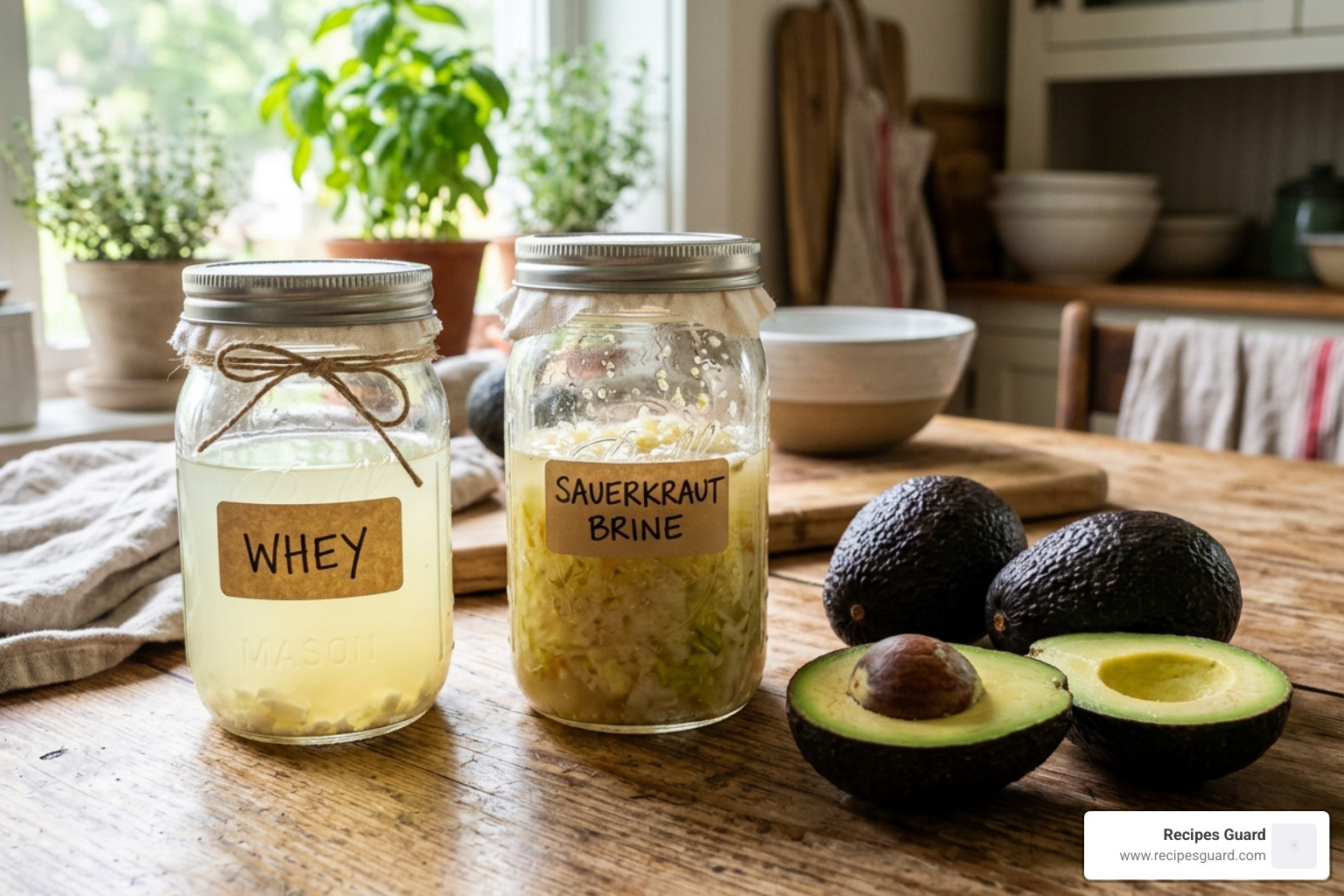 Various fermentation starters including whey in a glass jar and sauerkraut brine next to fresh avocados - avocado