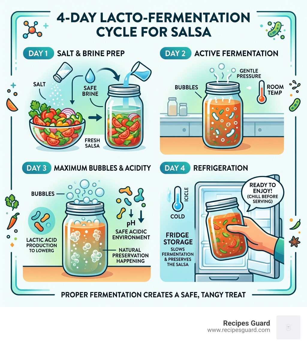 4-day lacto-fermentation cycle for salsa showing salt, brine, bubbles, and fridge storage - is fermented salsa safe to eat