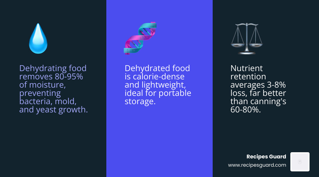 Comparison table of dehydration, canning, and freeze-drying showing nutrient loss, shelf life, and equipment cost