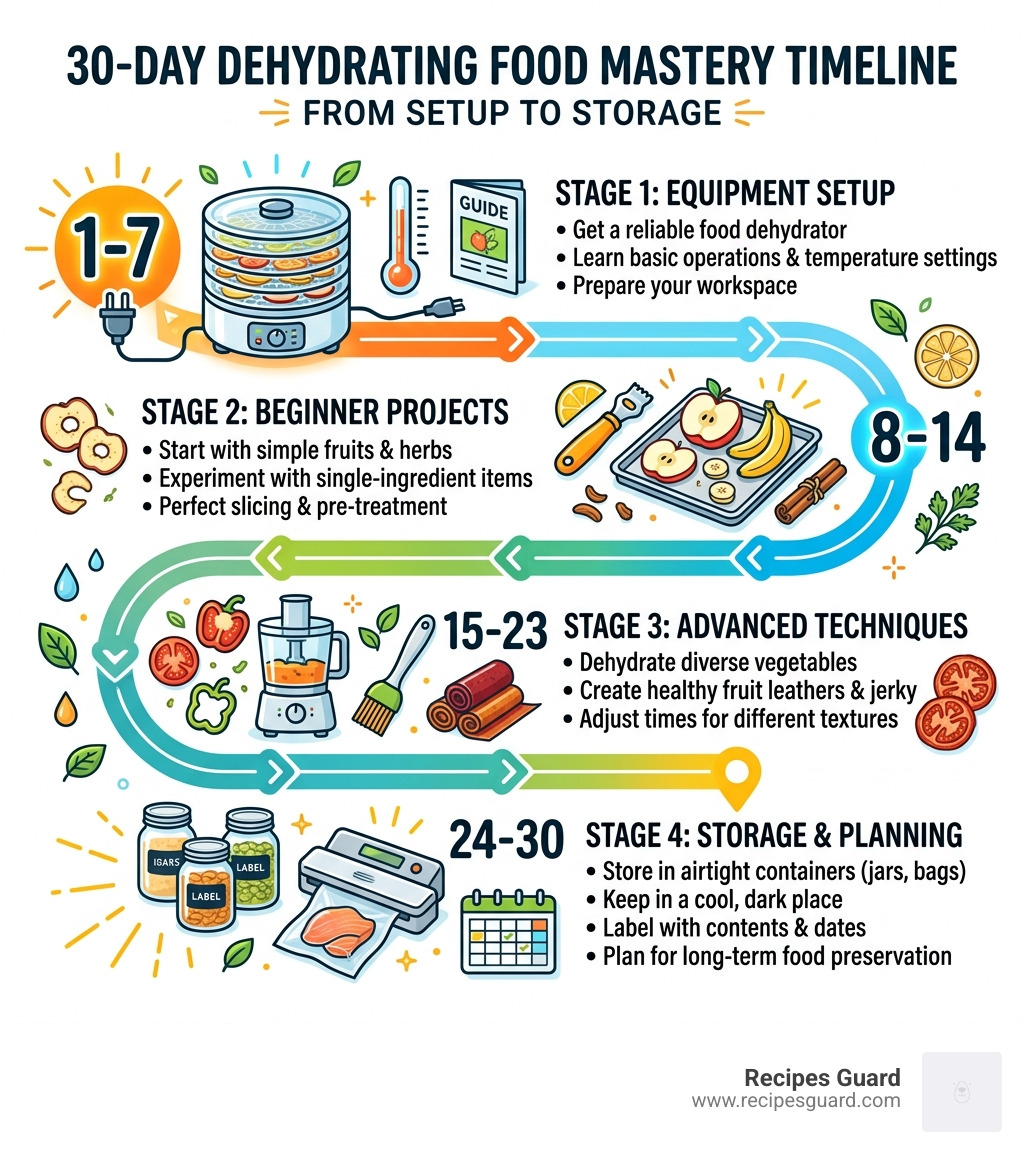 Infographic: 30-day dehydrating food mastery timeline with key stages from equipment setup to storage - dehydrating food