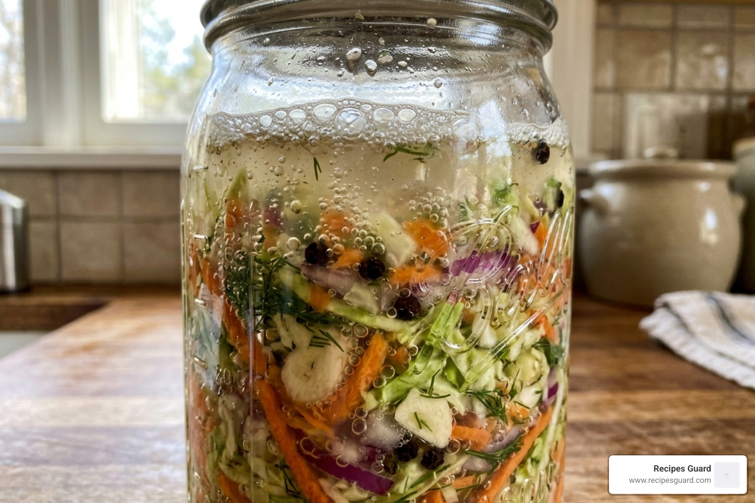 active fermentation bubbles in a glass jar - food safety fermented foods