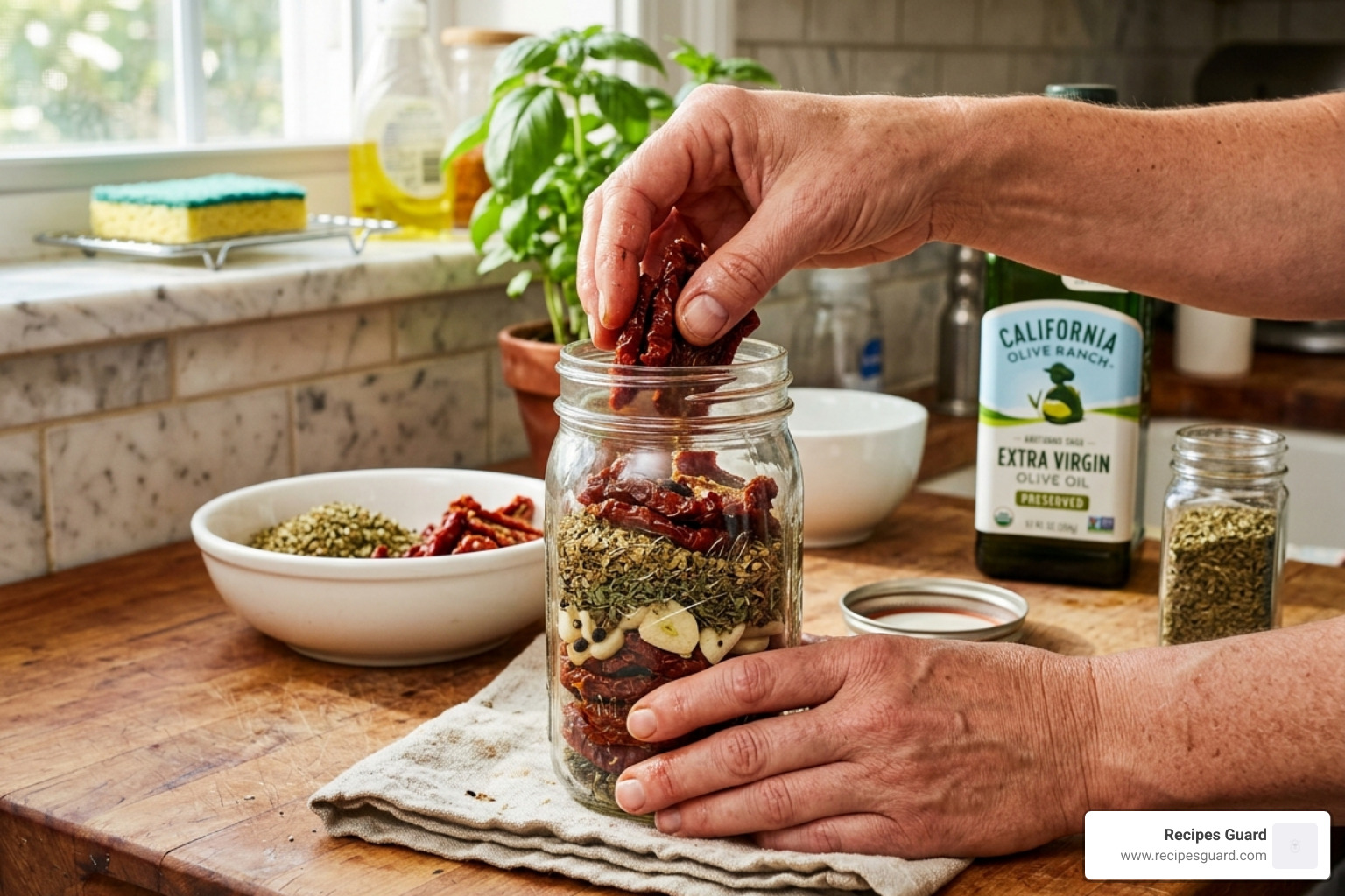 layering dried tomatoes and dried herbs into a glass jar before filling with oil - preserving sun dried tomatoes in olive oil