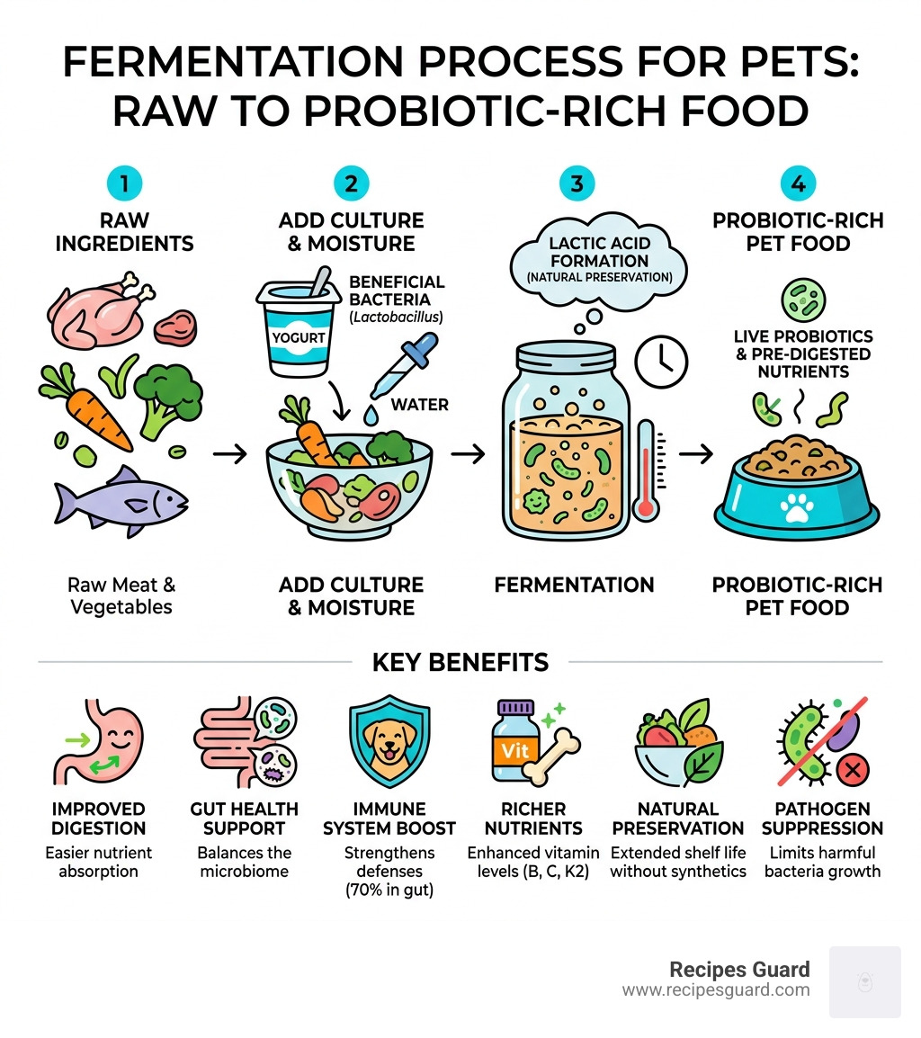 Infographic: fermentation process for pets — steps from raw ingredients to probiotic-rich pet food with key benefits listed