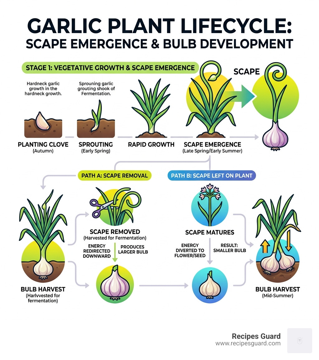 Garlic plant lifecycle showing scape emergence and bulb development infographic - garlic scape ferment infographic 