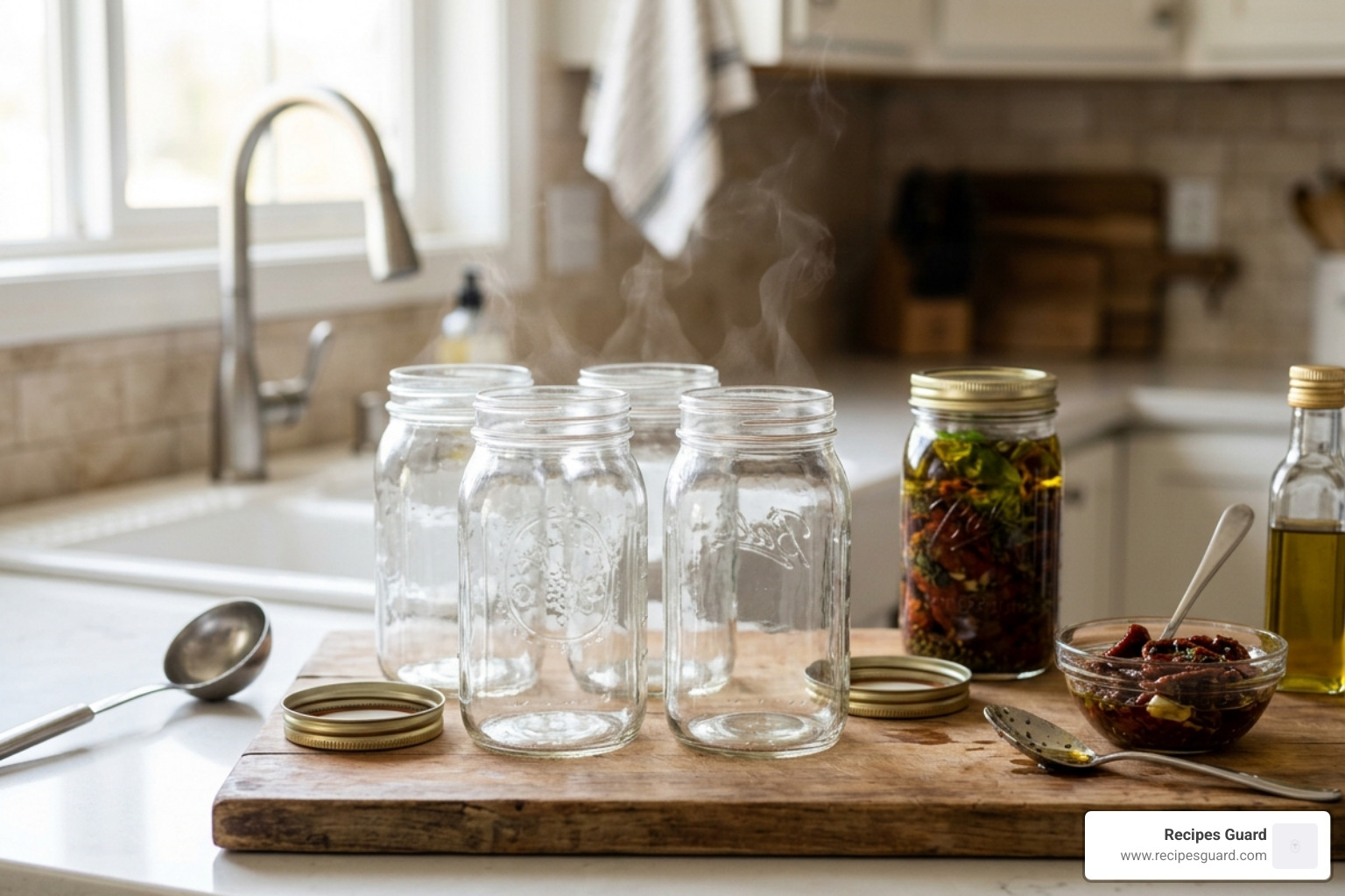 sterilized glass jars ready for oil packing to ensure food safety - preserving sun dried tomatoes in olive oil