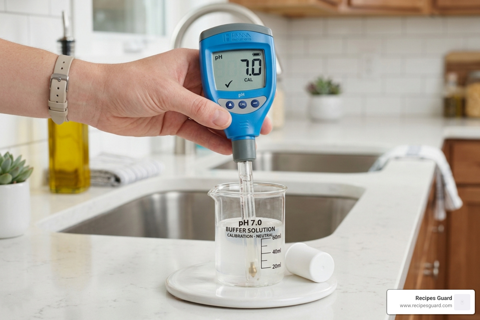 A digital pH meter being calibrated with buffer solution for accuracy - fermented hot sauce ph level