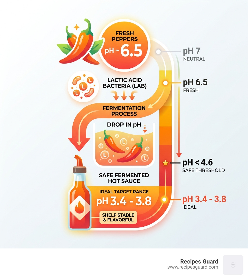 Infographic showing pH progression from fresh peppers at 6.5 to safe fermented hot sauce at 3.4–3.8 - fermented hot sauce ph