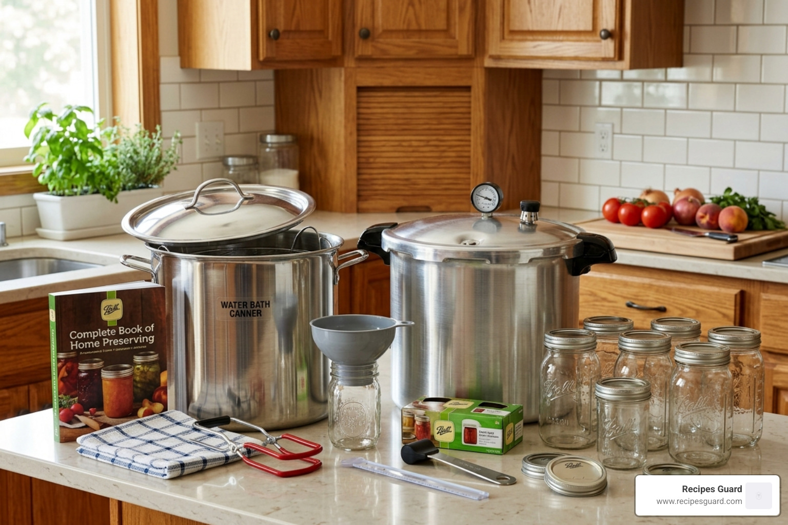 Complete home canning starter kit including canners, jars, lifters, and funnels - canning vegetables and fruits
