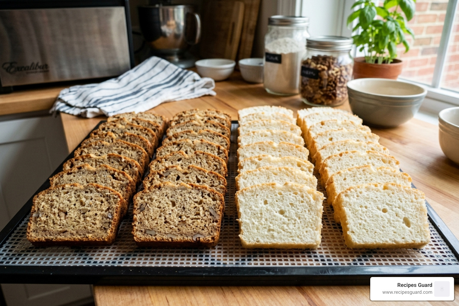 A food dehydrator tray filled with uniform slices of quick bread and cake - dehydration for quick breads