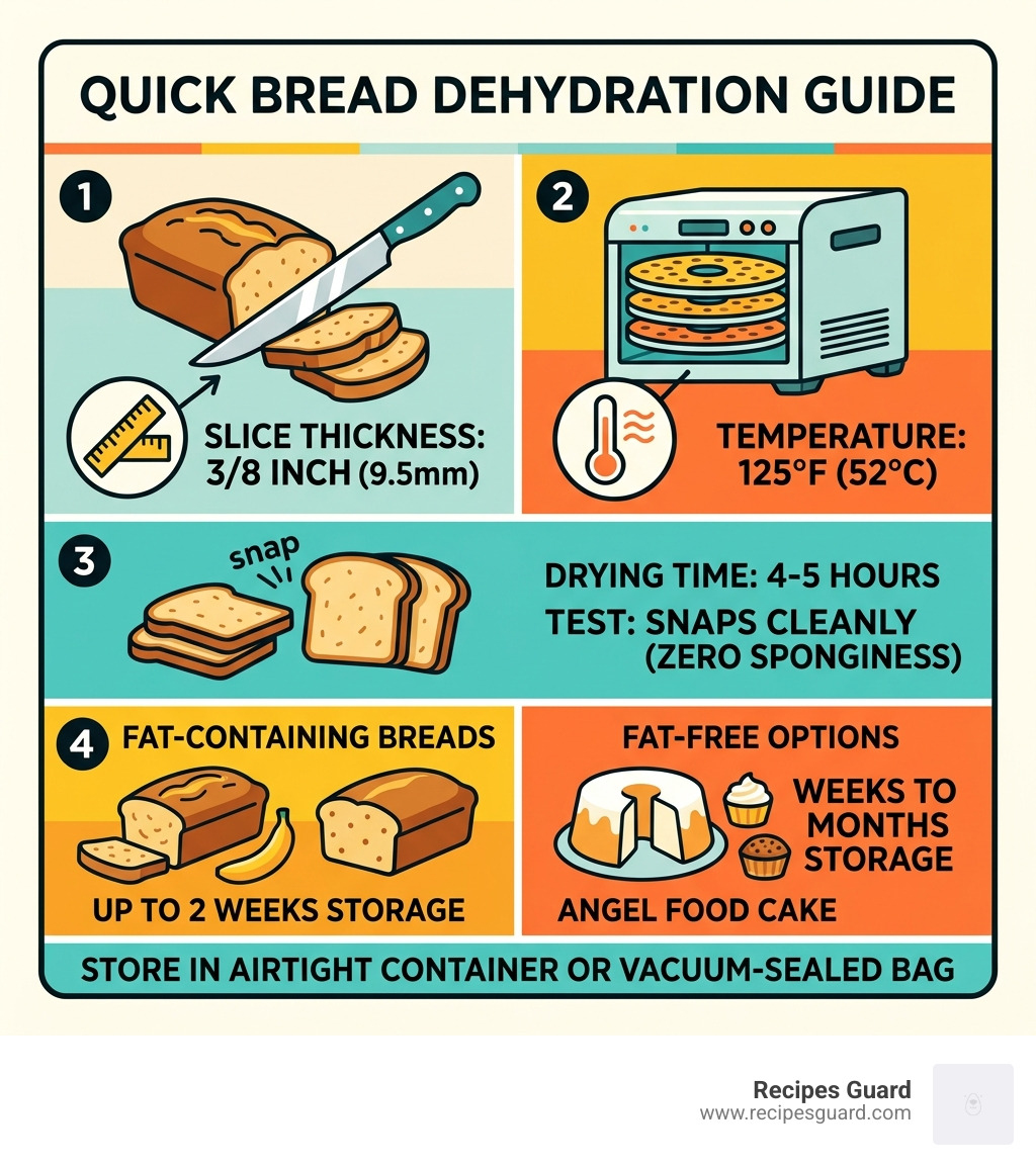 Quick bread dehydration process: slice thickness, temperature, drying time, and storage duration by bread type - dehydration