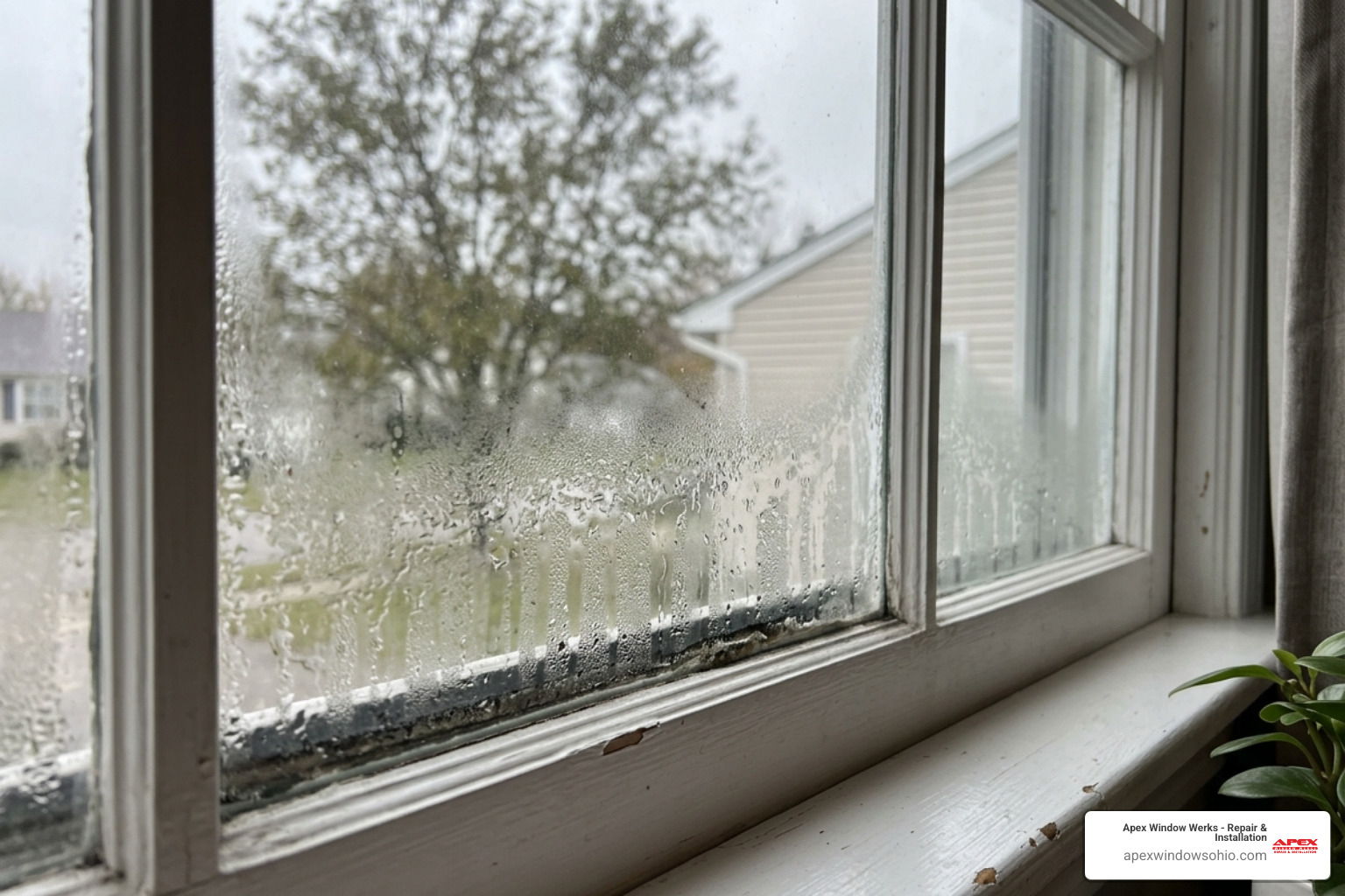 Foggy double-pane window glass showing seal failure and condensation - window glass replacement service near me Foggy double-pane window glass showing seal failure and condensation - window glass replacement service near me