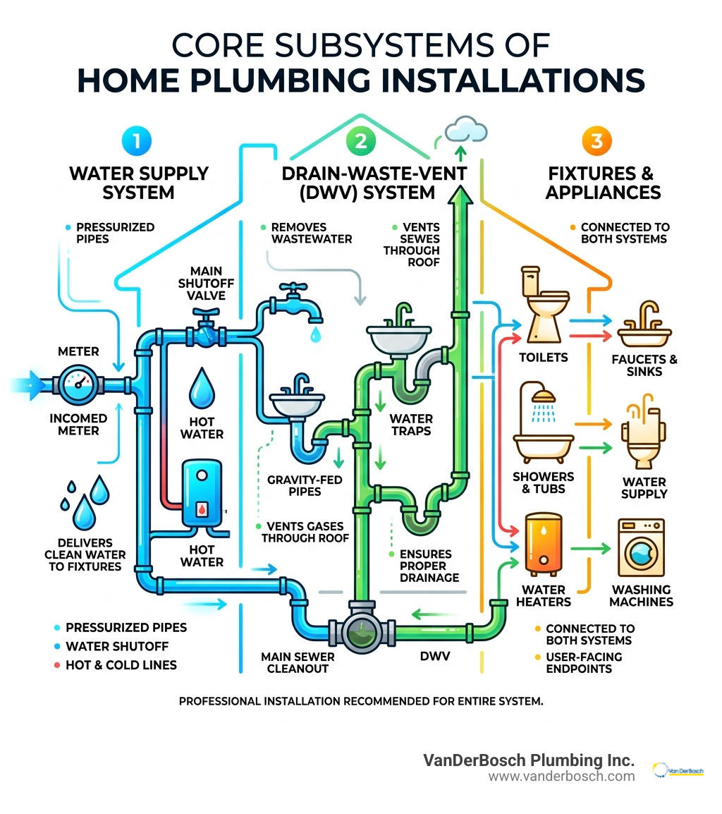 Infographic showing the three subsystems of home plumbing: water supply, DWV, and fixtures - plumbing installations