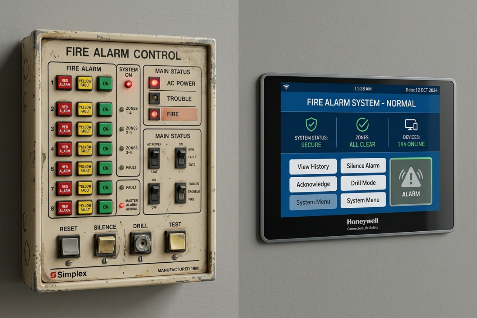 Comparison of an old analog alarm panel with a modern sleek touchscreen interface - security system upgrades Comparison of an old analog alarm panel with a modern sleek touchscreen interface - security system upgrades