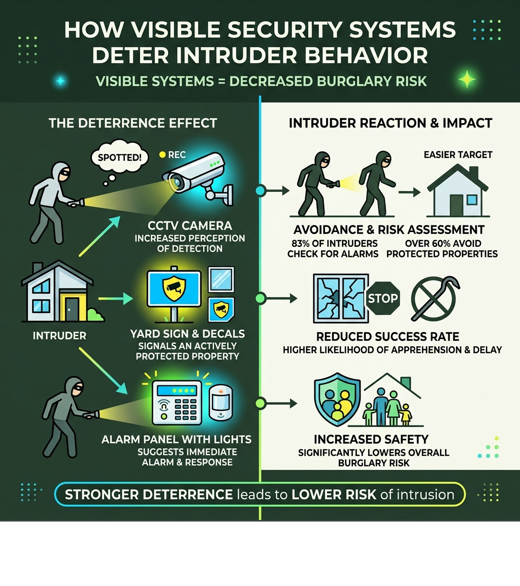 Infographic showing how visible security systems deter intruder behavior and reduce burglary risk - security system upgrades Infographic showing how visible security systems deter intruder behavior and reduce burglary risk - security system upgrades
