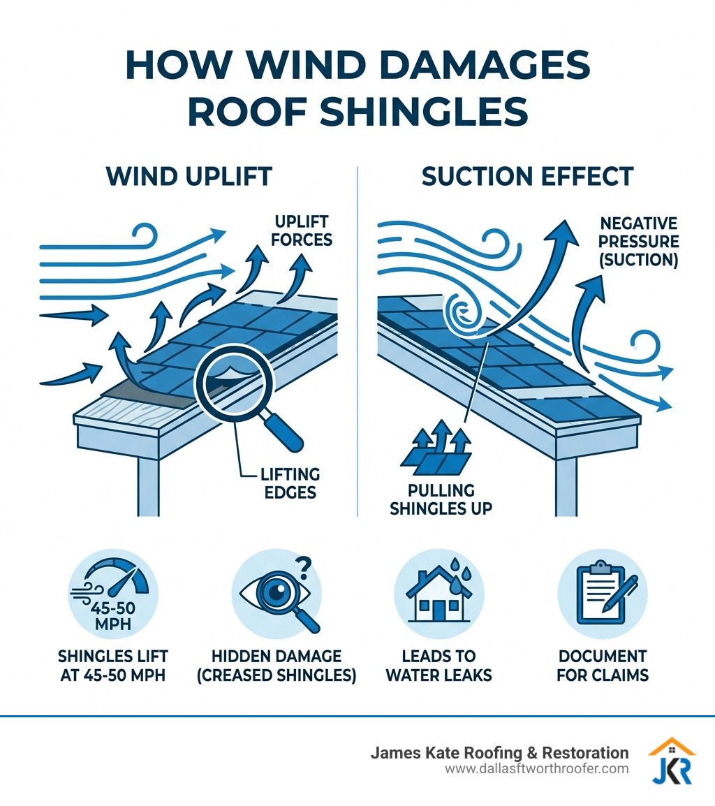 Infographic showing wind uplift and suction effects on roof shingles during a storm - Wind damage roof infographic Infographic showing wind uplift and suction effects on roof shingles during a storm - Wind damage roof infographic