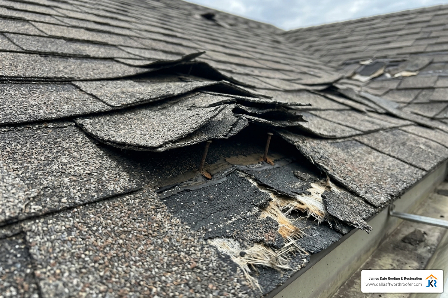 Close up of lifted shingle tabs and significant granule loss after a wind storm - Wind damage roof Close up of lifted shingle tabs and significant granule loss after a wind storm - Wind damage roof