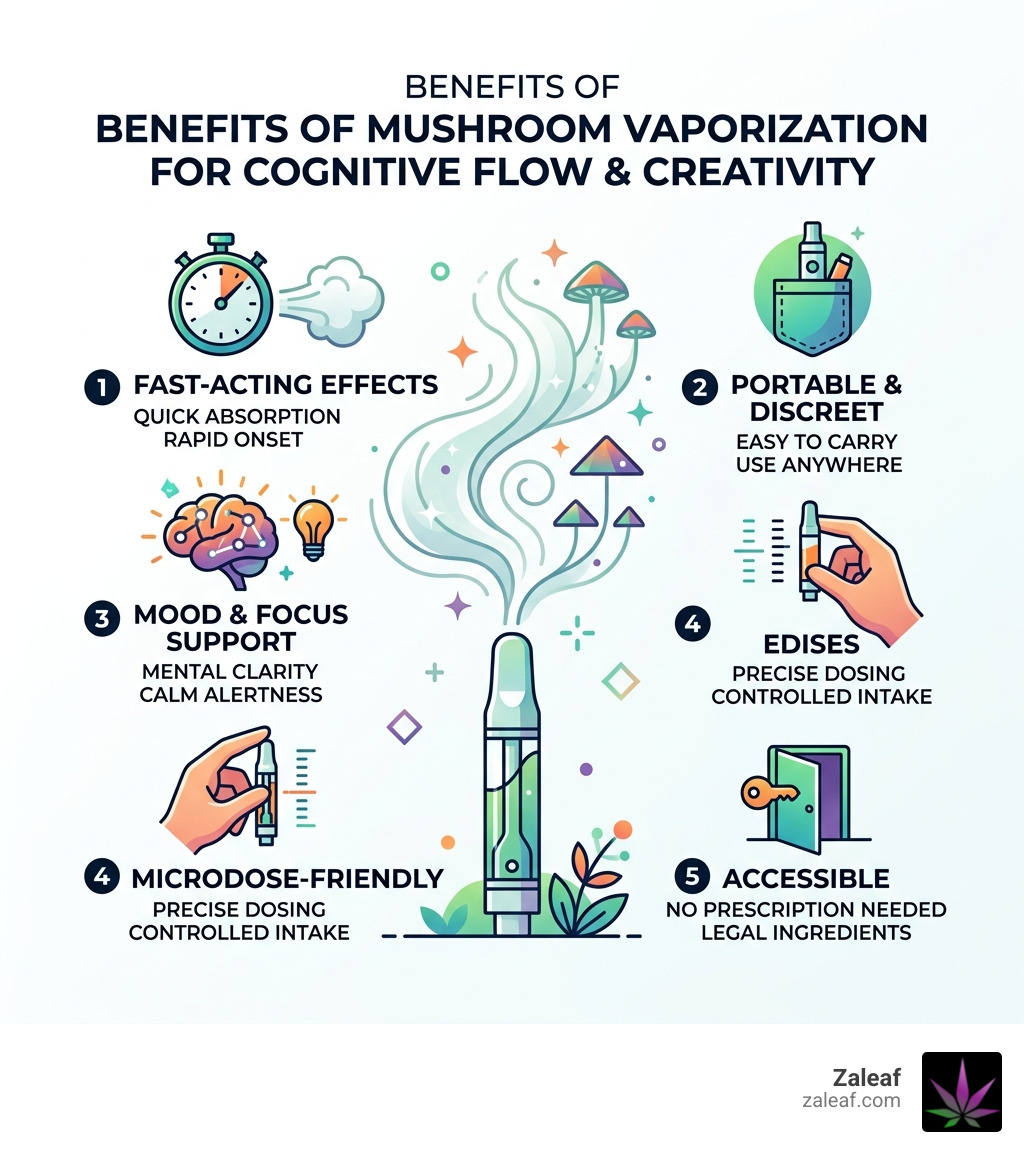Benefits of mushroom vaporization for cognitive flow and creativity enhancement - shroom cart creativity boost infographic Benefits of mushroom vaporization for cognitive flow and creativity enhancement - shroom cart creativity boost infographic