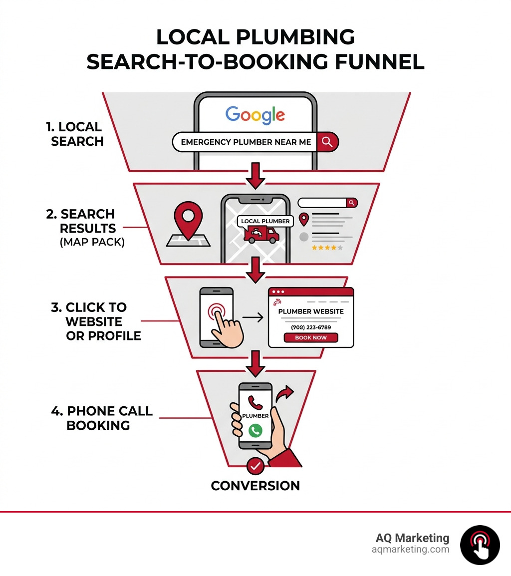 Local plumbing search-to-booking funnel showing steps from Google search to phone call - seo for plumbers infographic Local plumbing search-to-booking funnel showing steps from Google search to phone call - seo for plumbers infographic